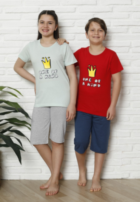 Pijama Copii cu maneca scurta si pantalon 3/4, culoare Rosu si Gri, Engros